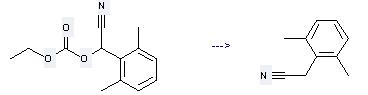 Benzeneacetonitrile, 2,6-dimethyl- can be prepared by carbonic acid cyano-(2,6-dimethyl-phenyl)-methyl ester ethyl ester at the temperature of 20 °C
